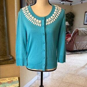 Kate Spade Turquoise Button-Front Women's Sweater with White Beaded Collar